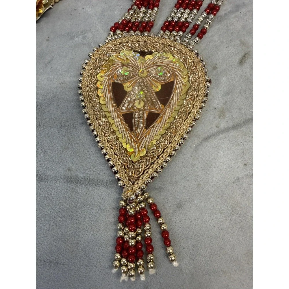 Statement Beaded Necklace Set 2PC Gold Tone Red Indian‎ Bridal Tassel Pendants